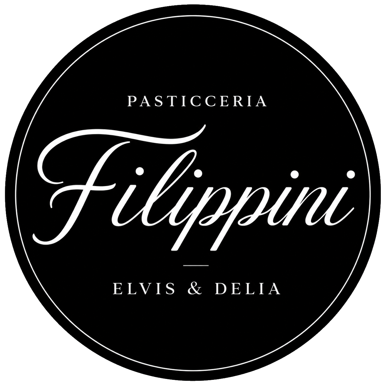 Logo della Pasticceria Filippini, testo bianco su sfondo nero con i nomi Elvis e Delia.